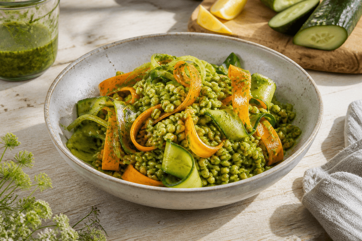 Perlebygsalat med urteolie og crudité anrettet i Madblikkets lyse nordiske billedstil med rettens vigtigste råvarer tydeligt synlige