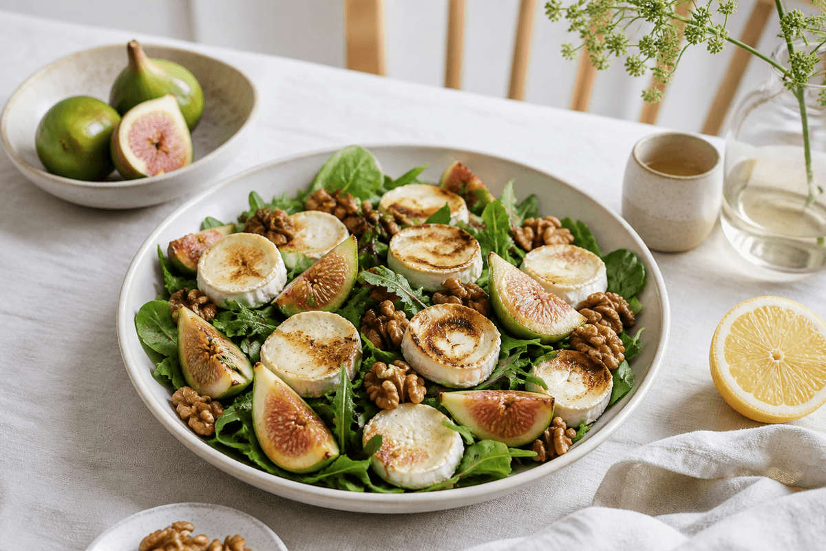 Salat med figner, gedeost og valnødder anrettet i Madblikkets lyse nordiske billedstil med rettens vigtigste råvarer tydeligt synlige