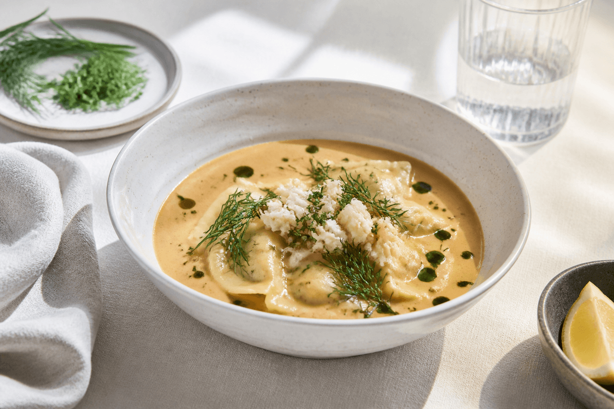 Strandkrabbebisque med ravioli anrettet i Madblikkets lyse nordiske billedstil med rettens vigtigste råvarer tydeligt synlige