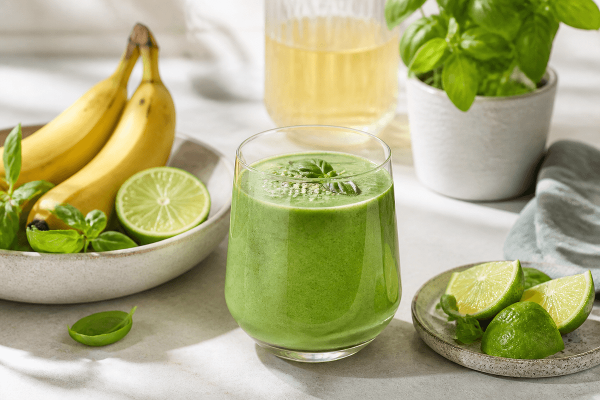 Smoothie med basilikum og lime anrettet i Madblikkets lyse nordiske billedstil med rettens vigtigste råvarer tydeligt synlige