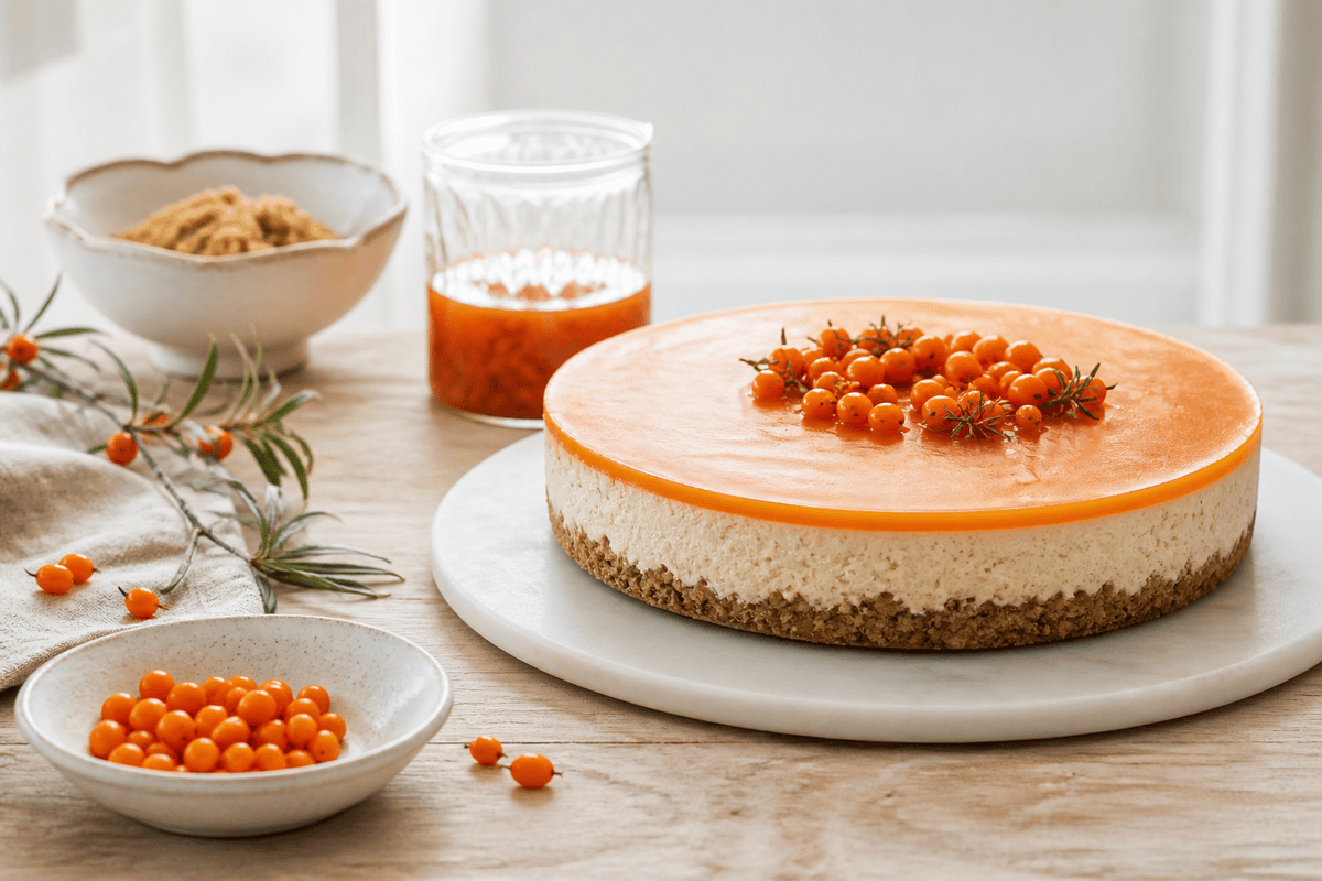 Cheesecake med havtorn og skyr anrettet i Madblikkets lyse nordiske billedstil med rettens vigtigste råvarer tydeligt synlige