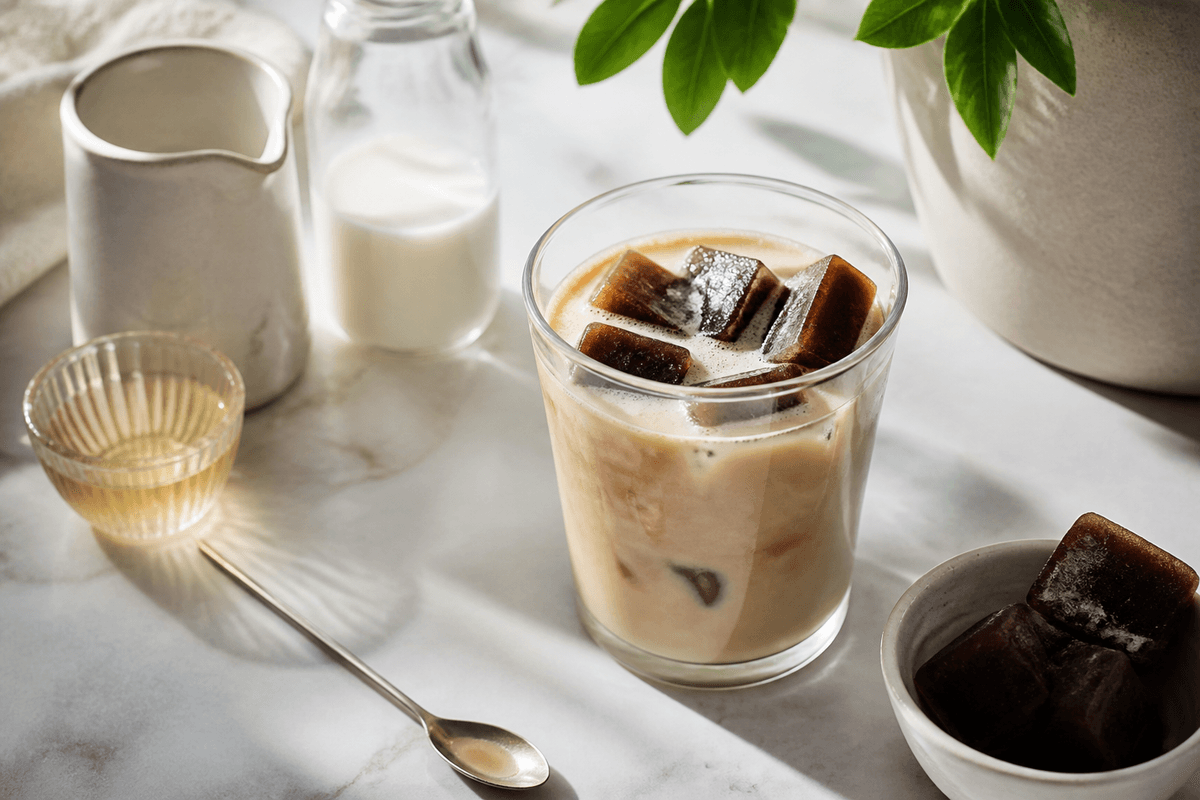Iskaffe med kaffeisterninger anrettet i Madblikkets lyse nordiske billedstil med rettens vigtigste råvarer tydeligt synlige