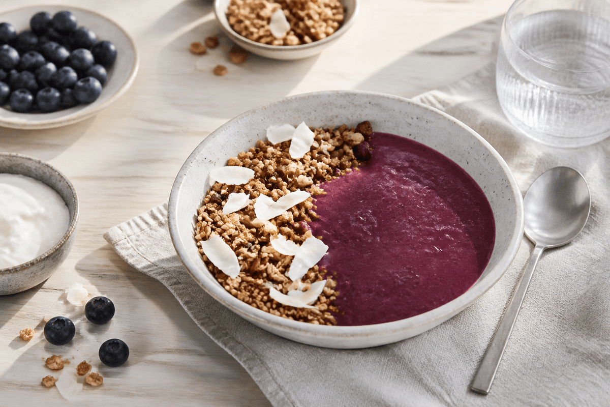Blåbærsmoothie med hurtig granola anrettet i Madblikkets lyse nordiske billedstil med rettens vigtigste råvarer tydeligt synlige