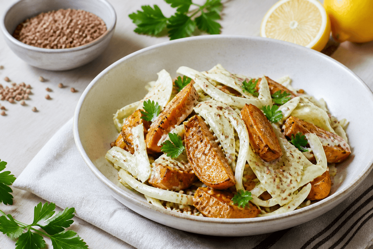 Sød kartoffel salat med boghvede og sennepsdressing anrettet i Madblikkets lyse nordiske billedstil med rettens vigtigste råvarer tydeligt synlige