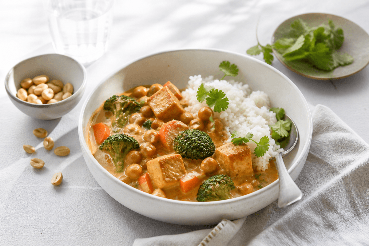 Vegetarisk panang-karry anrettet i Madblikkets lyse nordiske billedstil med rettens vigtigste råvarer tydeligt synlige