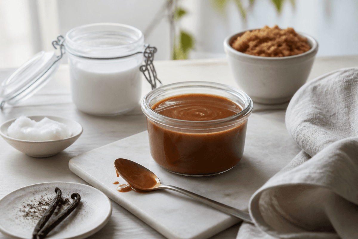 Vegansk karamelsauce på 10 minutter anrettet i Madblikkets lyse nordiske billedstil med rettens vigtigste råvarer tydeligt synlige