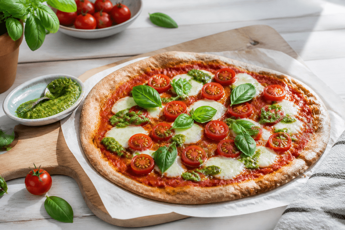 Fuldkornspizza med pesto, mozzarella og friske tomater anrettet i Madblikkets lyse nordiske billedstil med rettens vigtigste råvarer tydeligt synlige