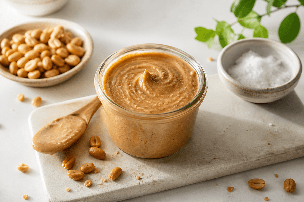 Hjemmelavet peanutbutter anrettet i Madblikkets lyse nordiske billedstil med rettens vigtigste råvarer tydeligt synlige