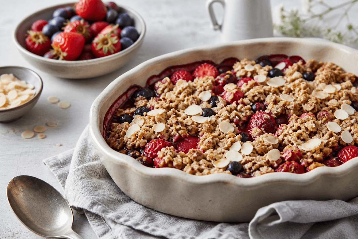 Bærcrumble med valgfrie bær anrettet i Madblikkets lyse nordiske billedstil med rettens vigtigste råvarer tydeligt synlige