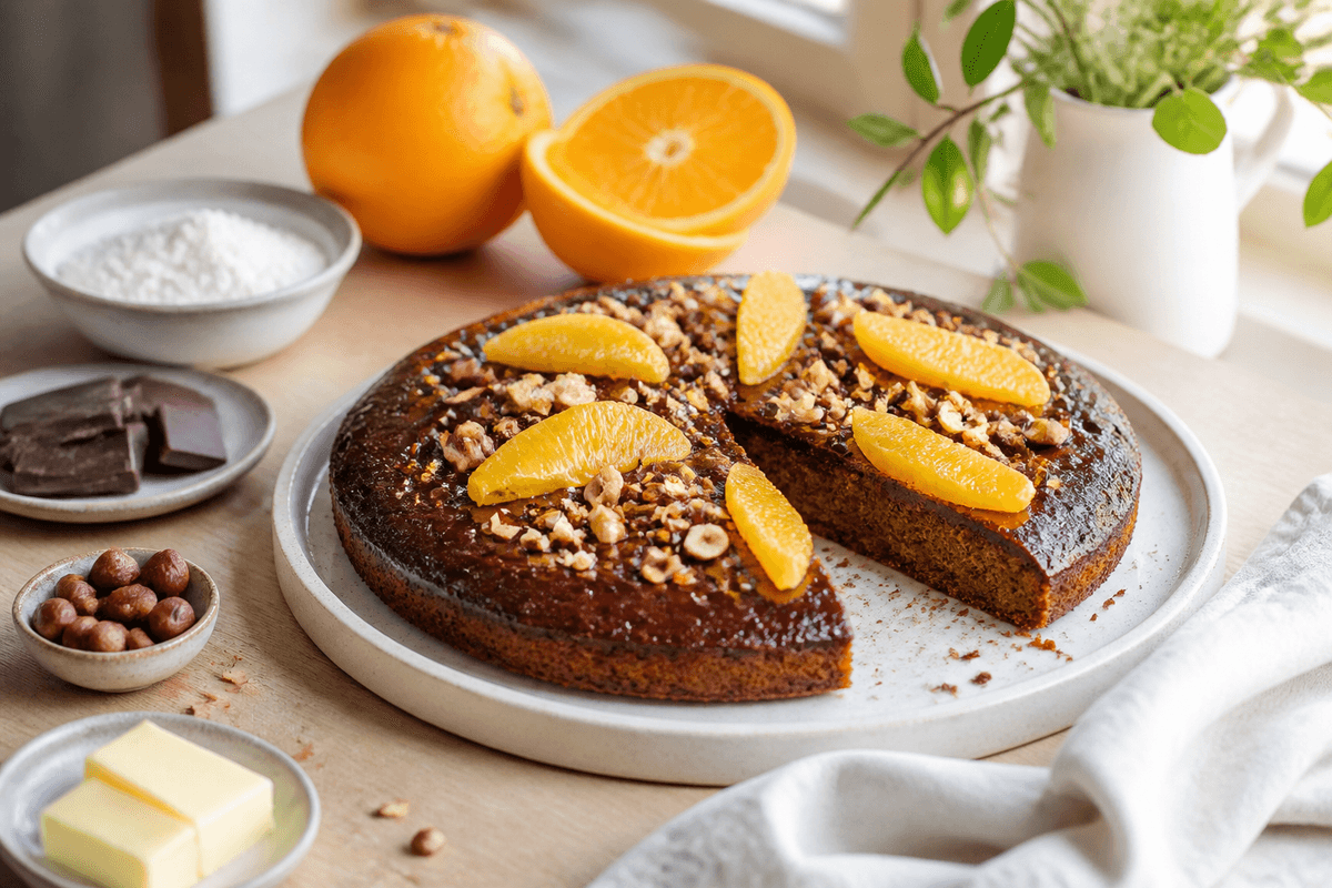 Appelsinkage med chokolade anrettet i Madblikkets lyse nordiske billedstil med rettens vigtigste råvarer tydeligt synlige