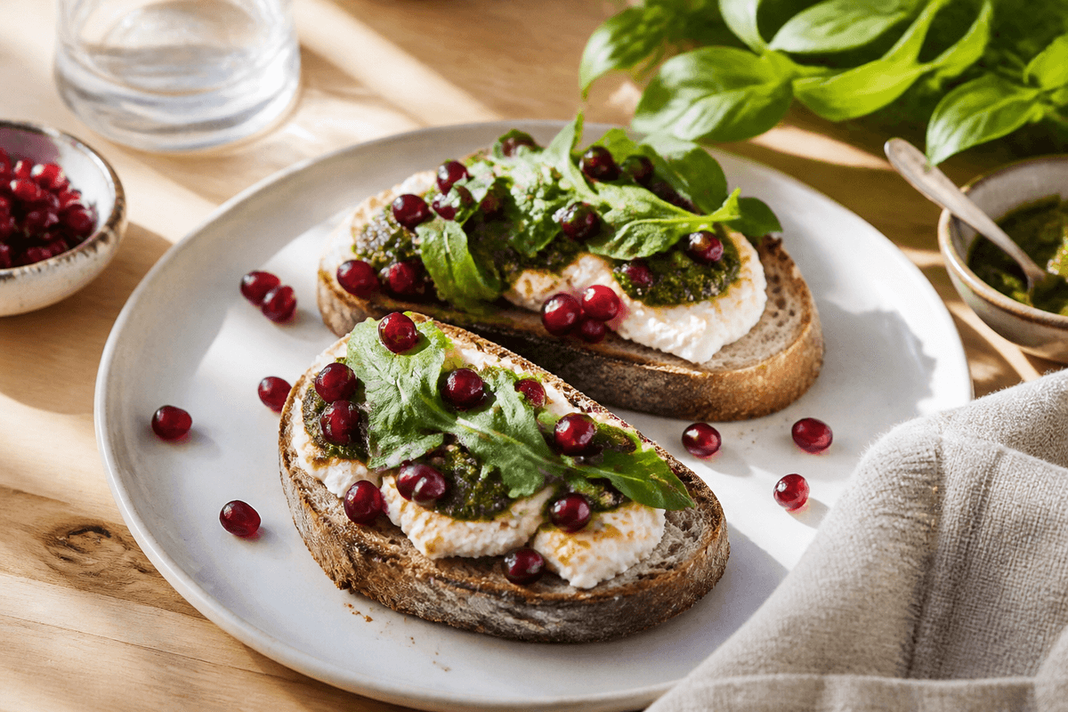 Brød med gedeost og pesto anrettet i Madblikkets lyse nordiske billedstil med rettens vigtigste råvarer tydeligt synlige