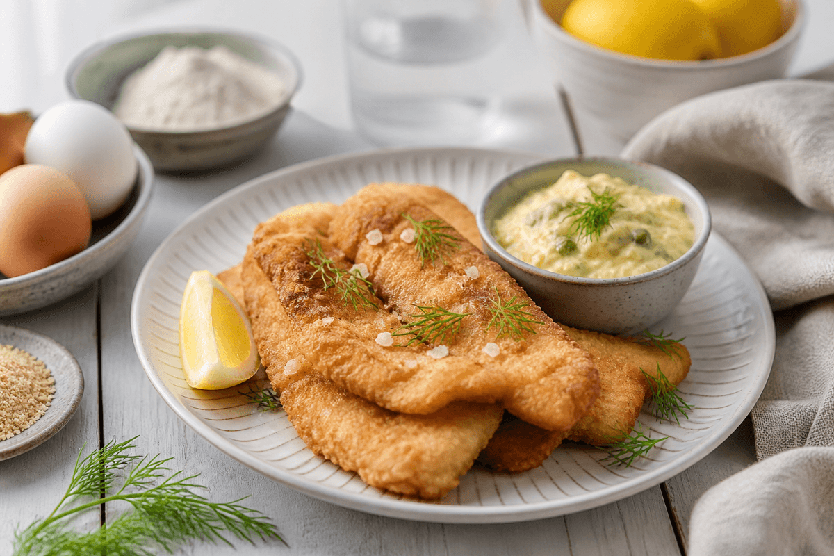 Fiskefilet med hjemmelavet remoulade anrettet i Madblikkets lyse nordiske billedstil med rettens vigtigste råvarer tydeligt synlige