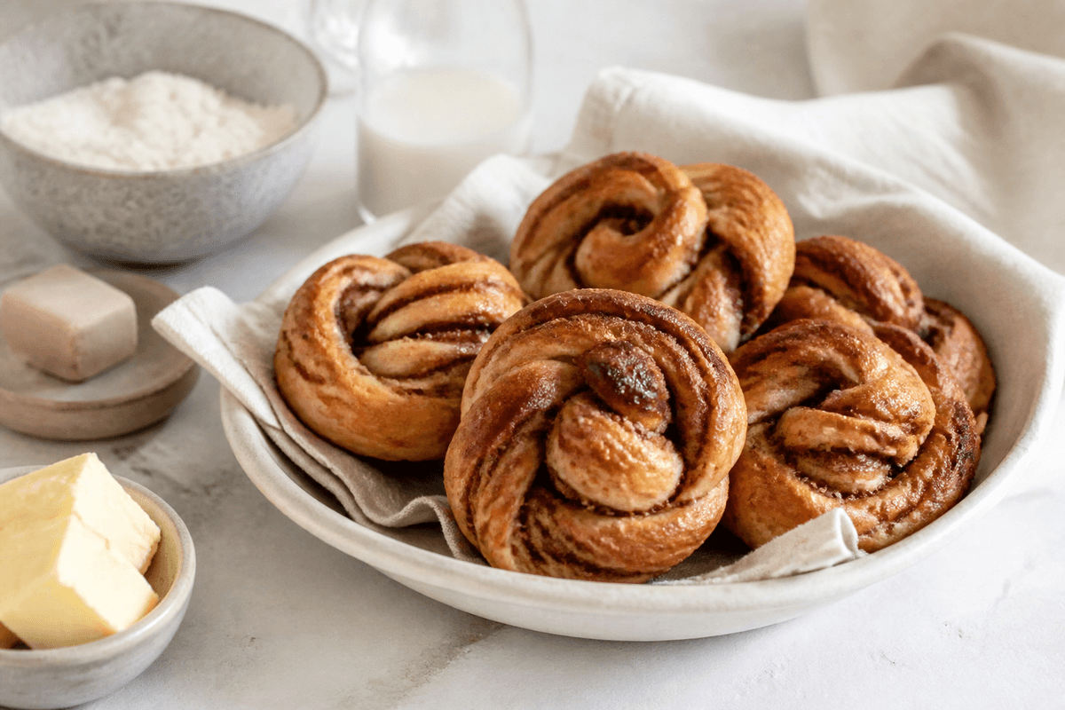 Sunde kanelsnurrer uden raffineret sukker anrettet i Madblikkets lyse nordiske billedstil med rettens vigtigste råvarer tydeligt synlige