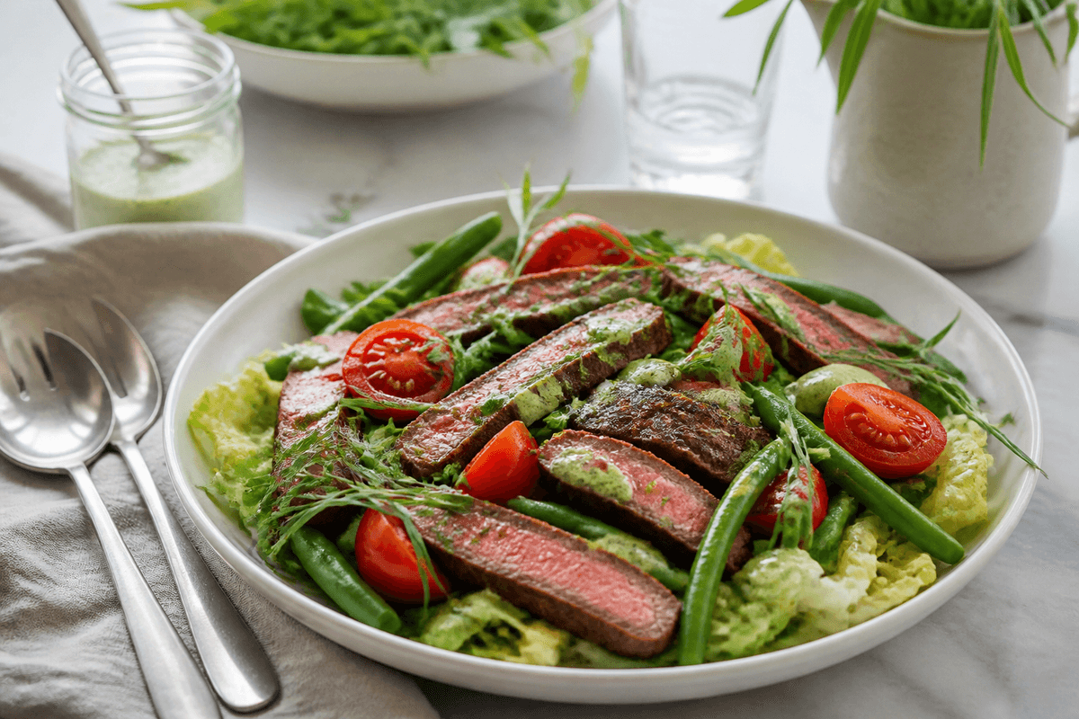 Steak salat med bønner og estragondressing anrettet i Madblikkets lyse nordiske billedstil med rettens vigtigste råvarer tydeligt synlige