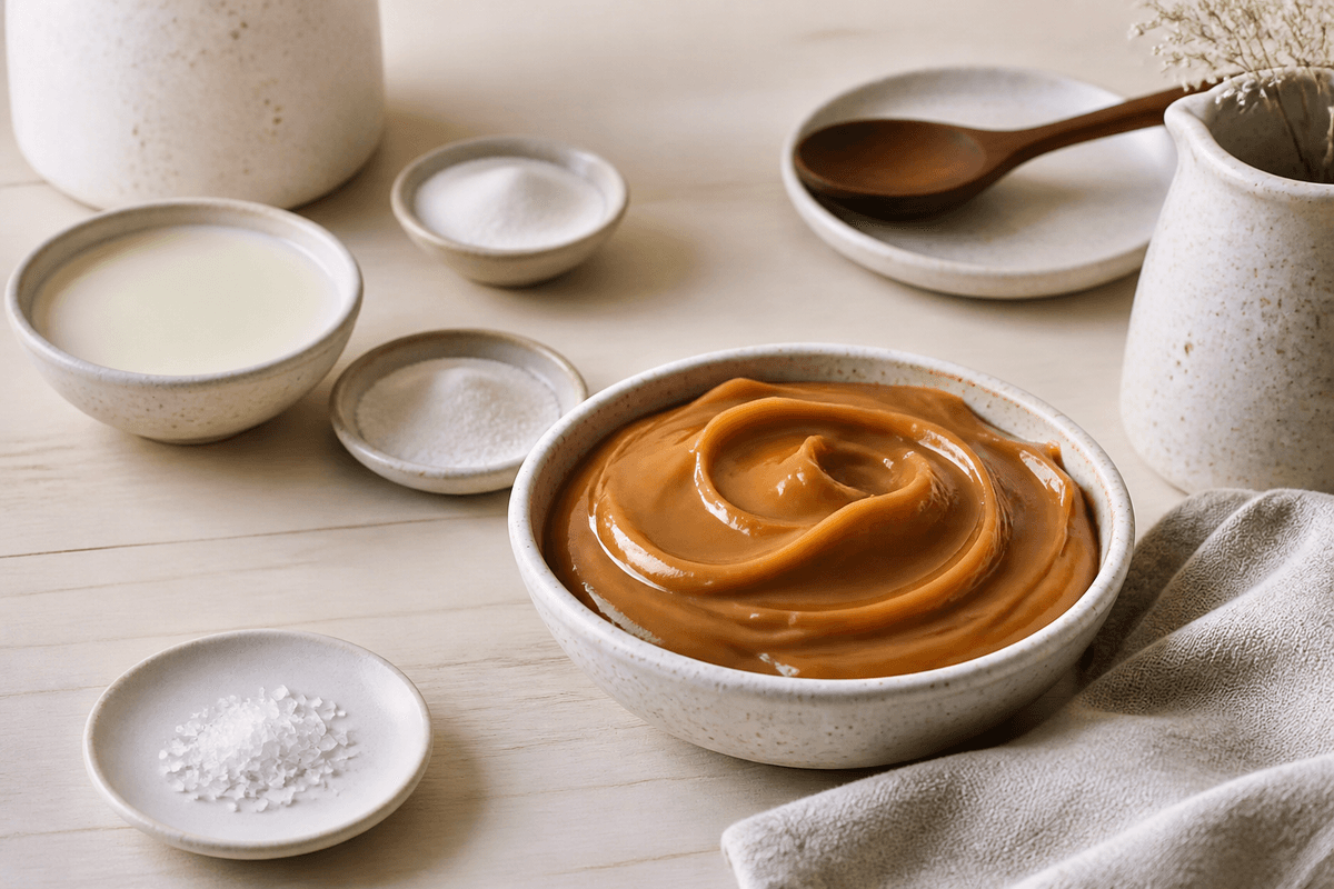 Dulce de leche af kondenseret mælk anrettet i Madblikkets lyse nordiske billedstil med rettens vigtigste råvarer tydeligt synlige
