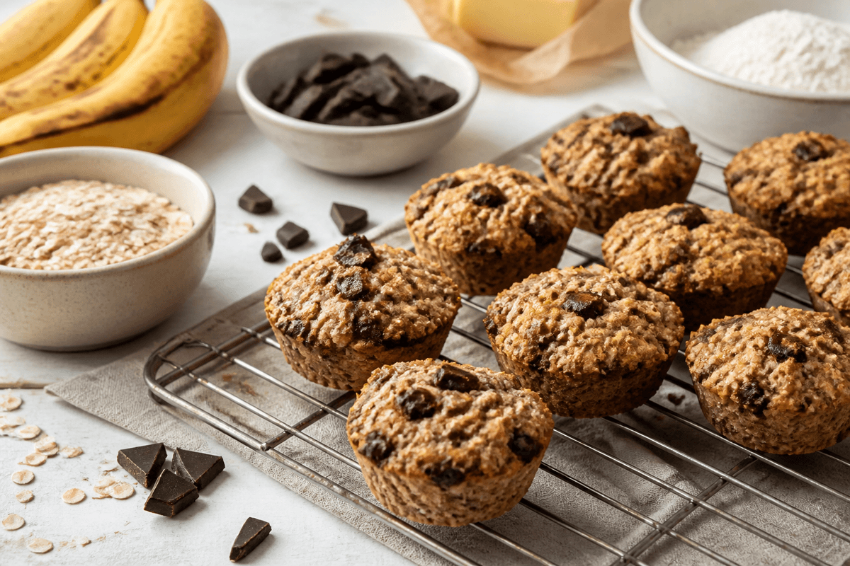 Sunde bananmuffins med chokolade anrettet i Madblikkets lyse nordiske billedstil med rettens vigtigste råvarer tydeligt synlige