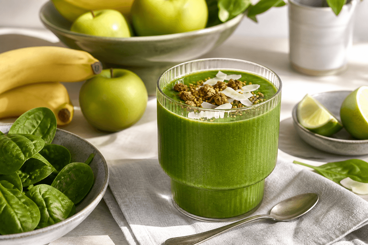 Grøn smoothie på 5 minutter anrettet i Madblikkets lyse nordiske billedstil med rettens vigtigste råvarer tydeligt synlige