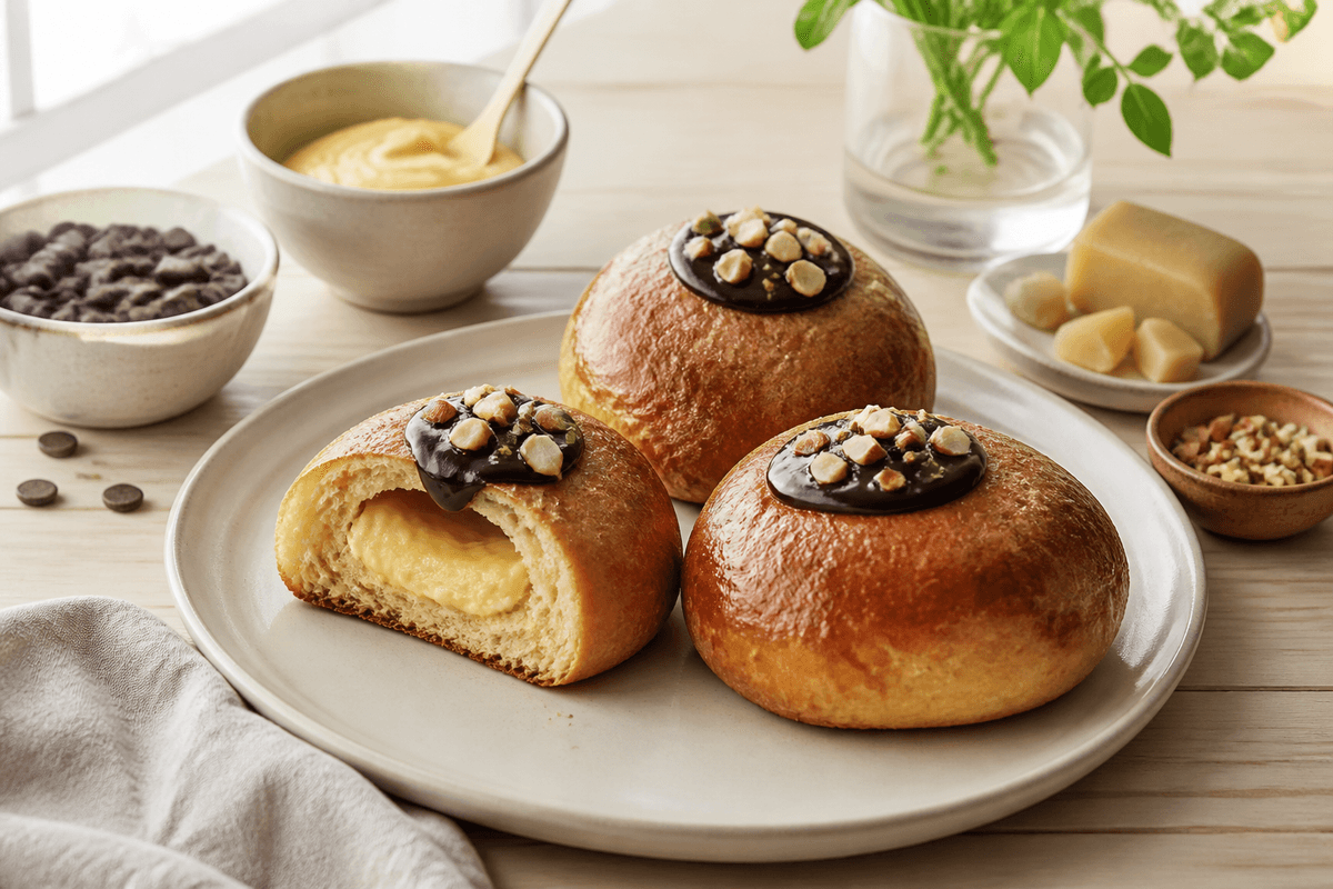 Fastelavnsboller med chokolade, creme og marcipan anrettet i Madblikkets lyse nordiske billedstil med rettens vigtigste råvarer tydeligt synlige