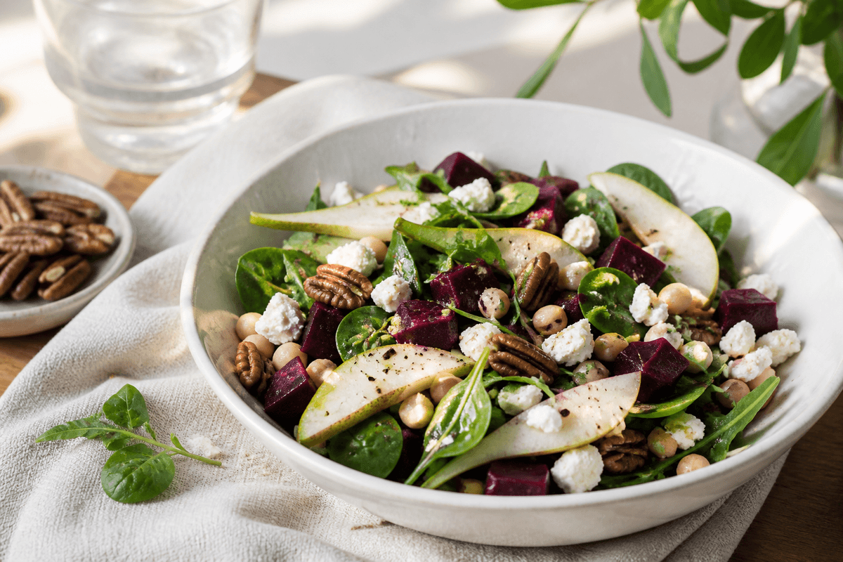 Pæresalat med feta, valnødder og rødbede anrettet i Madblikkets lyse nordiske billedstil med rettens vigtigste råvarer tydeligt synlige