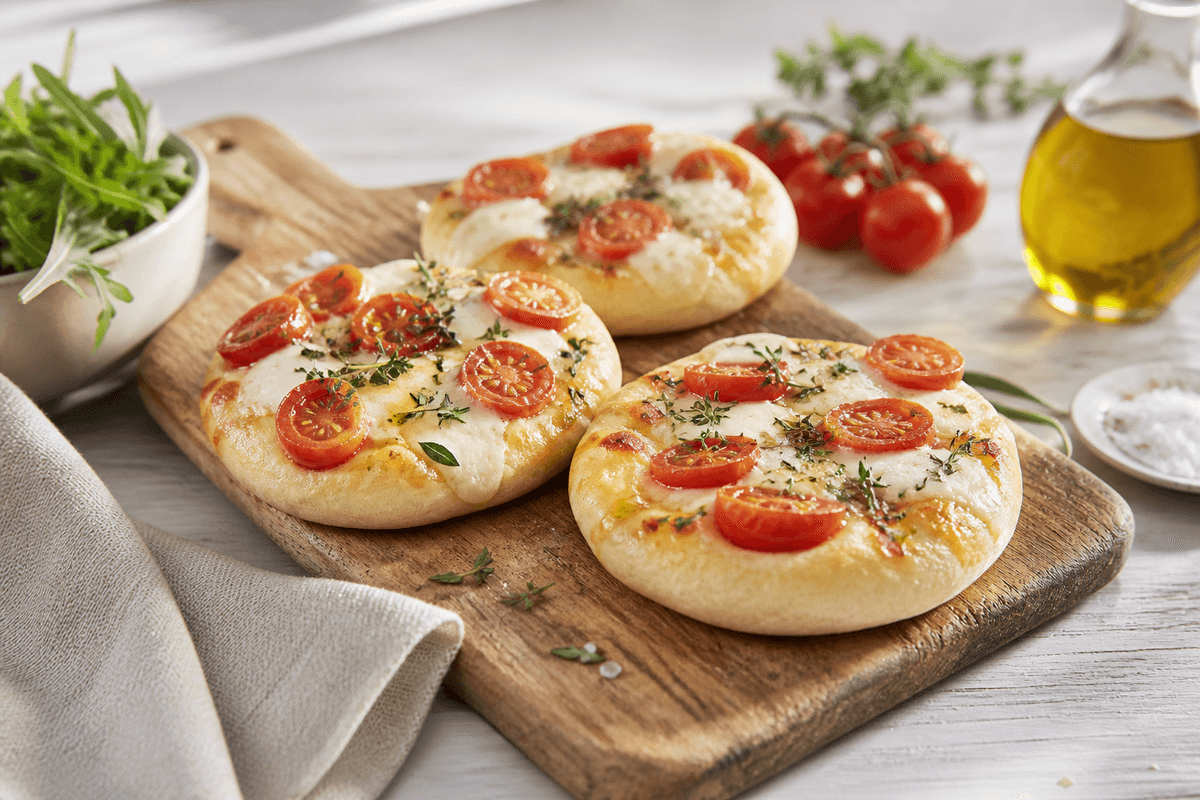 Mini foccaciabrød med mozzarella og tomat anrettet i Madblikkets lyse nordiske billedstil med rettens vigtigste råvarer tydeligt synlige