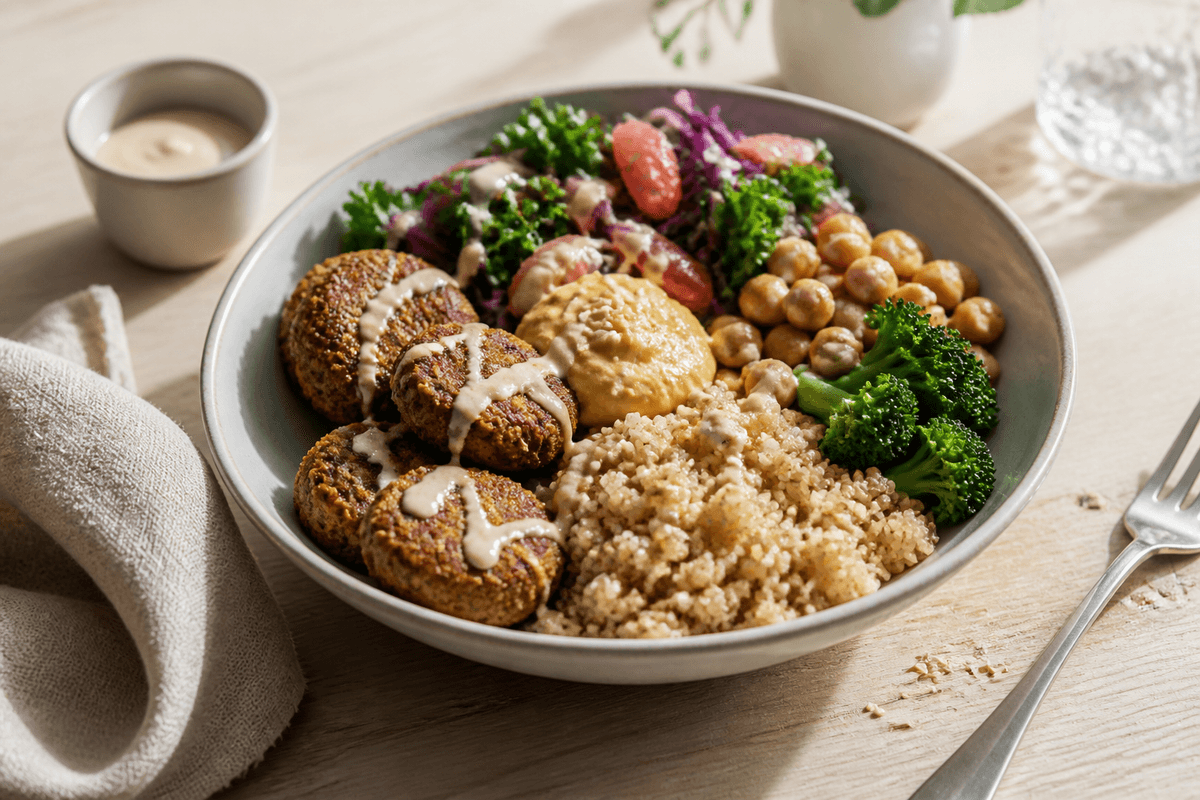 Vegetarisk buddha bowl med quinoa og falafel anrettet i Madblikkets lyse nordiske billedstil med rettens vigtigste råvarer tydeligt synlige