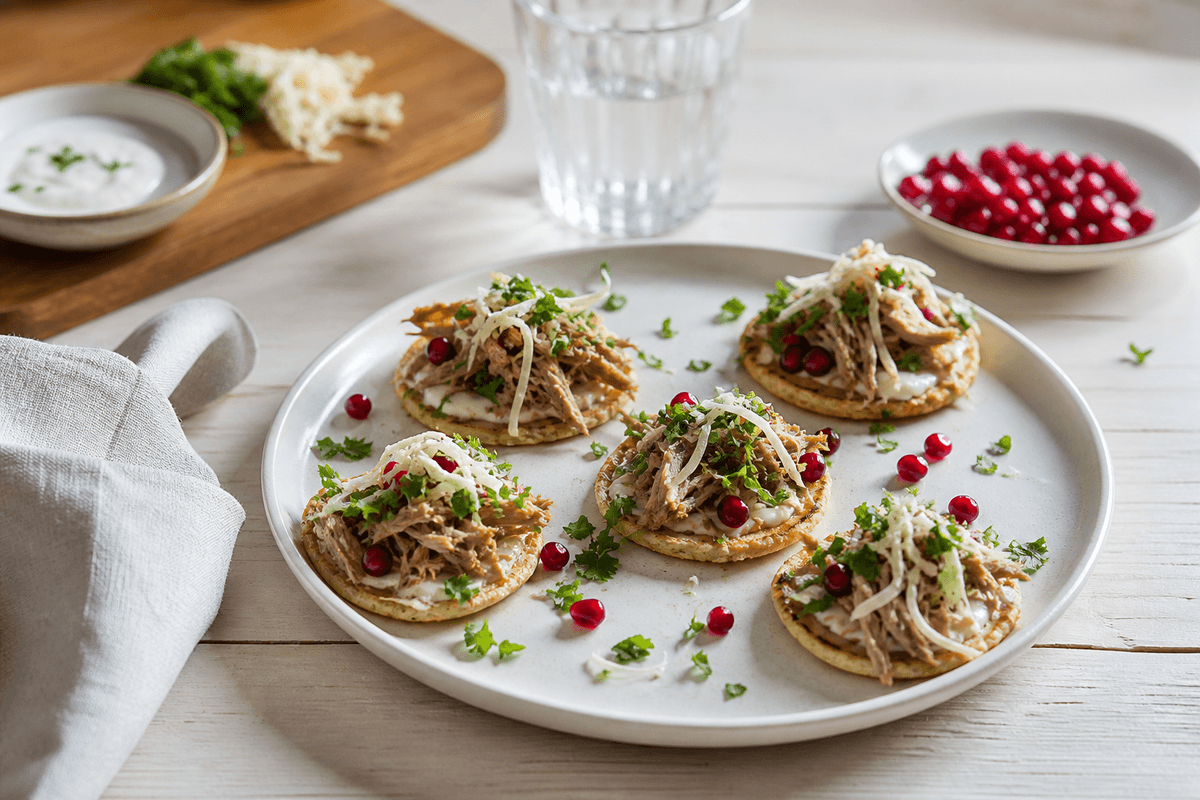 Forret med and: Blinis med plukket and og peberrod anrettet i Madblikkets lyse nordiske billedstil med rettens vigtigste råvarer tydeligt synlige