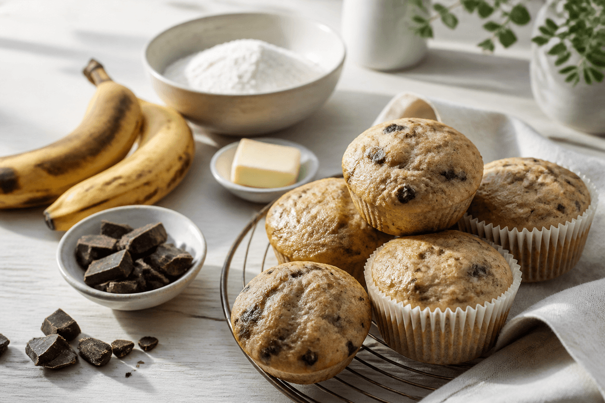 Bananmuffins med chokolade anrettet i Madblikkets lyse nordiske billedstil med rettens vigtigste råvarer tydeligt synlige