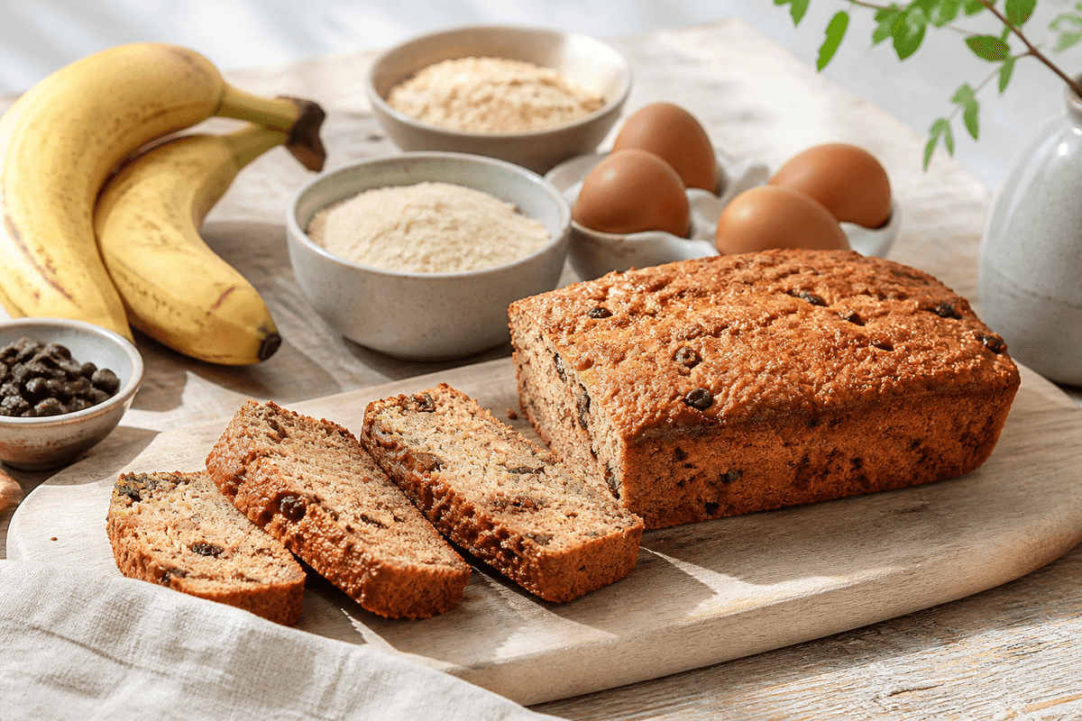 Sundt bananbrød uden mel og raffineret sukker anrettet i Madblikkets lyse nordiske billedstil med rettens vigtigste råvarer tydeligt synlige