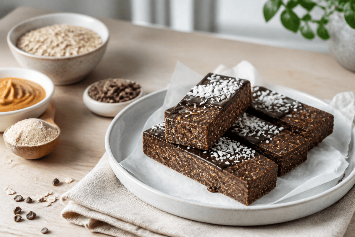 Hjemmelavet proteinbar med chokolade anrettet i Madblikkets lyse nordiske billedstil med rettens vigtigste råvarer tydeligt synlige