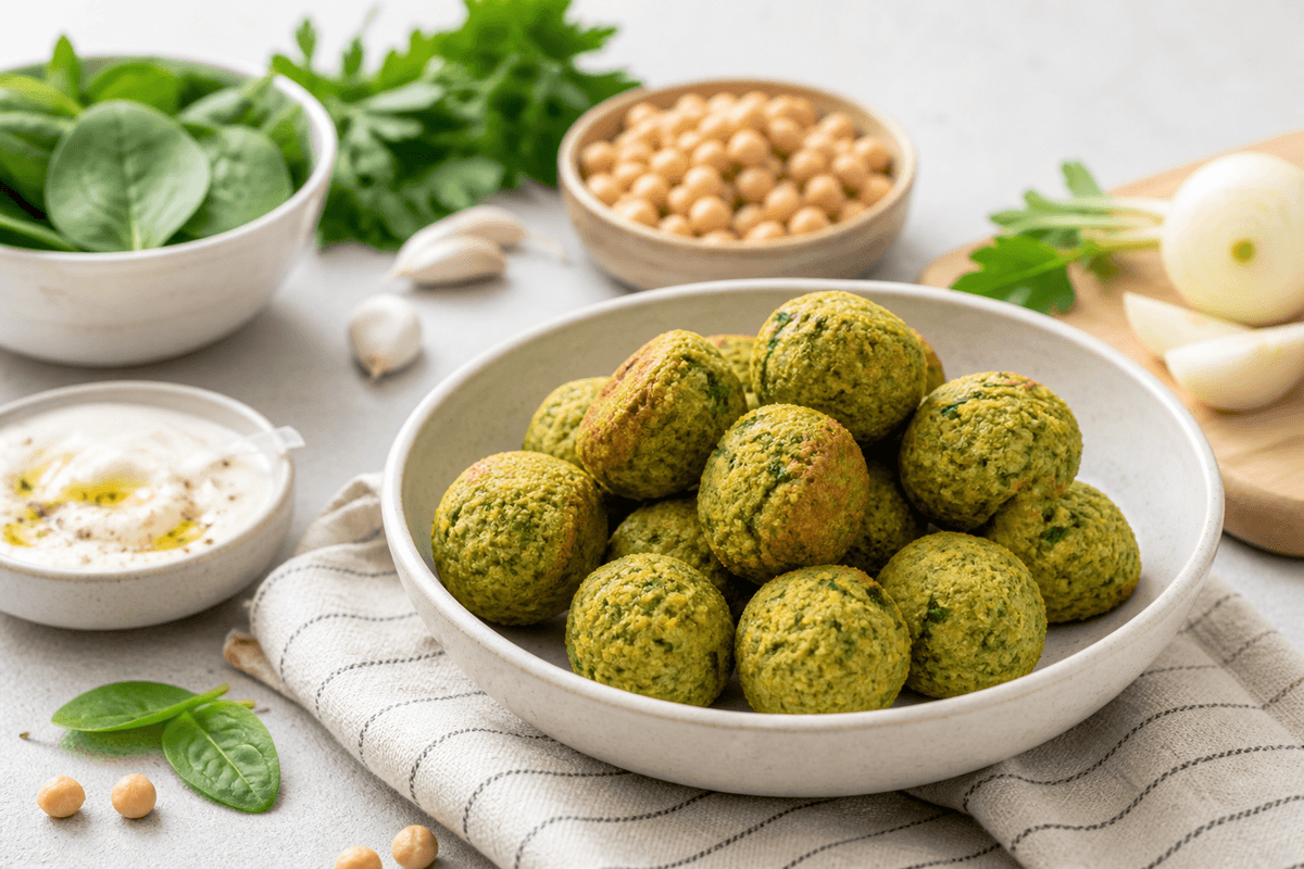 Grønne falafler bagt i ovnen anrettet i Madblikkets lyse nordiske billedstil med rettens vigtigste råvarer tydeligt synlige