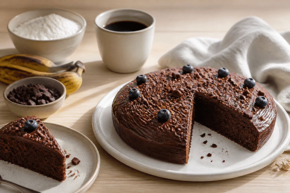 Banankage med kaffe og chokolade anrettet i Madblikkets lyse nordiske billedstil med rettens vigtigste råvarer tydeligt synlige