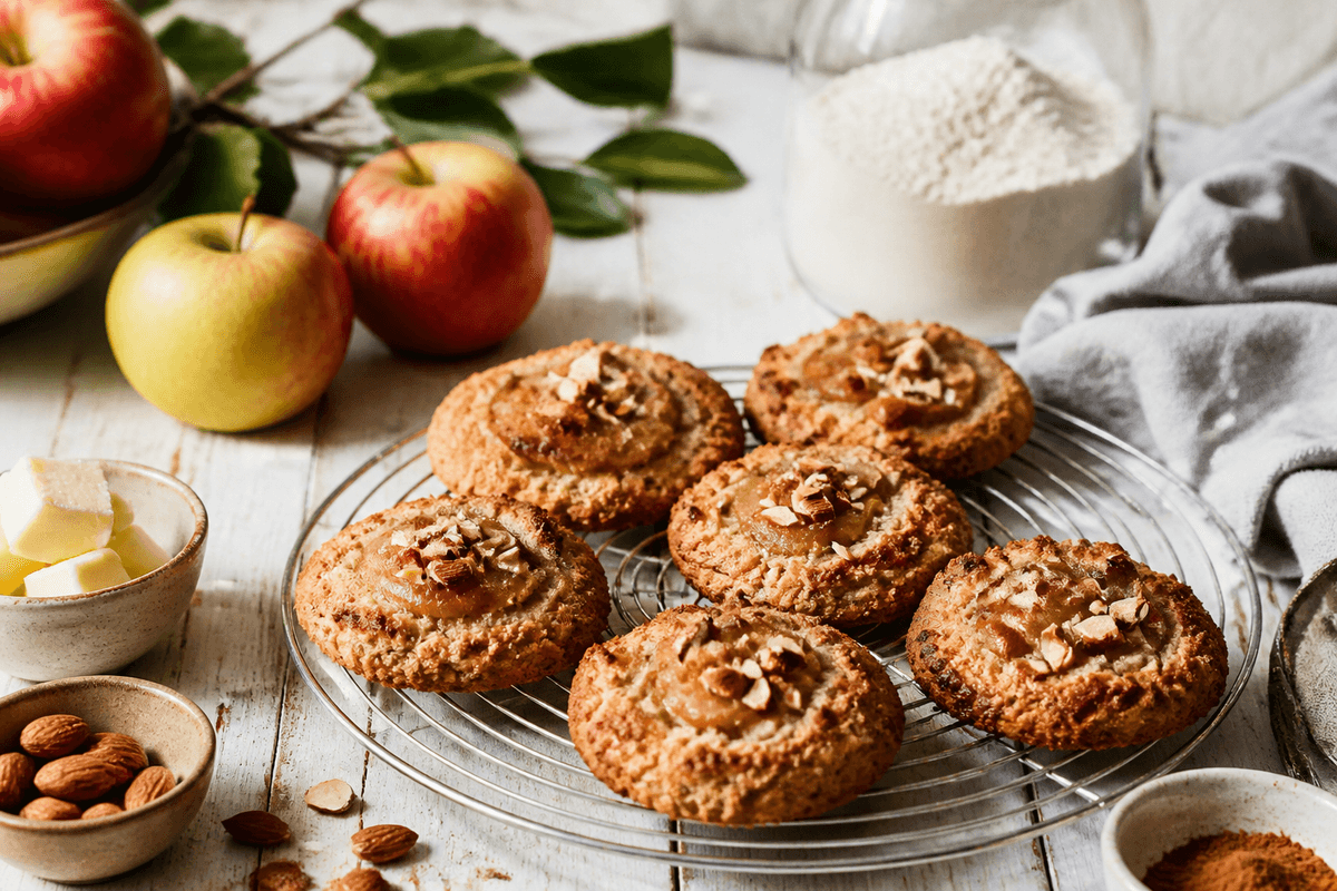 Æblescones med mandler anrettet i Madblikkets lyse nordiske billedstil med rettens vigtigste råvarer tydeligt synlige