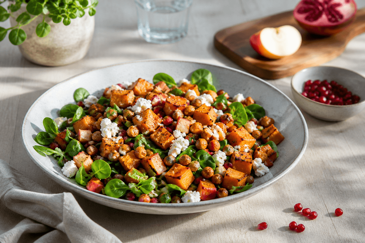 Græskarsalat med granatæble og feta anrettet i Madblikkets lyse nordiske billedstil med rettens vigtigste råvarer tydeligt synlige