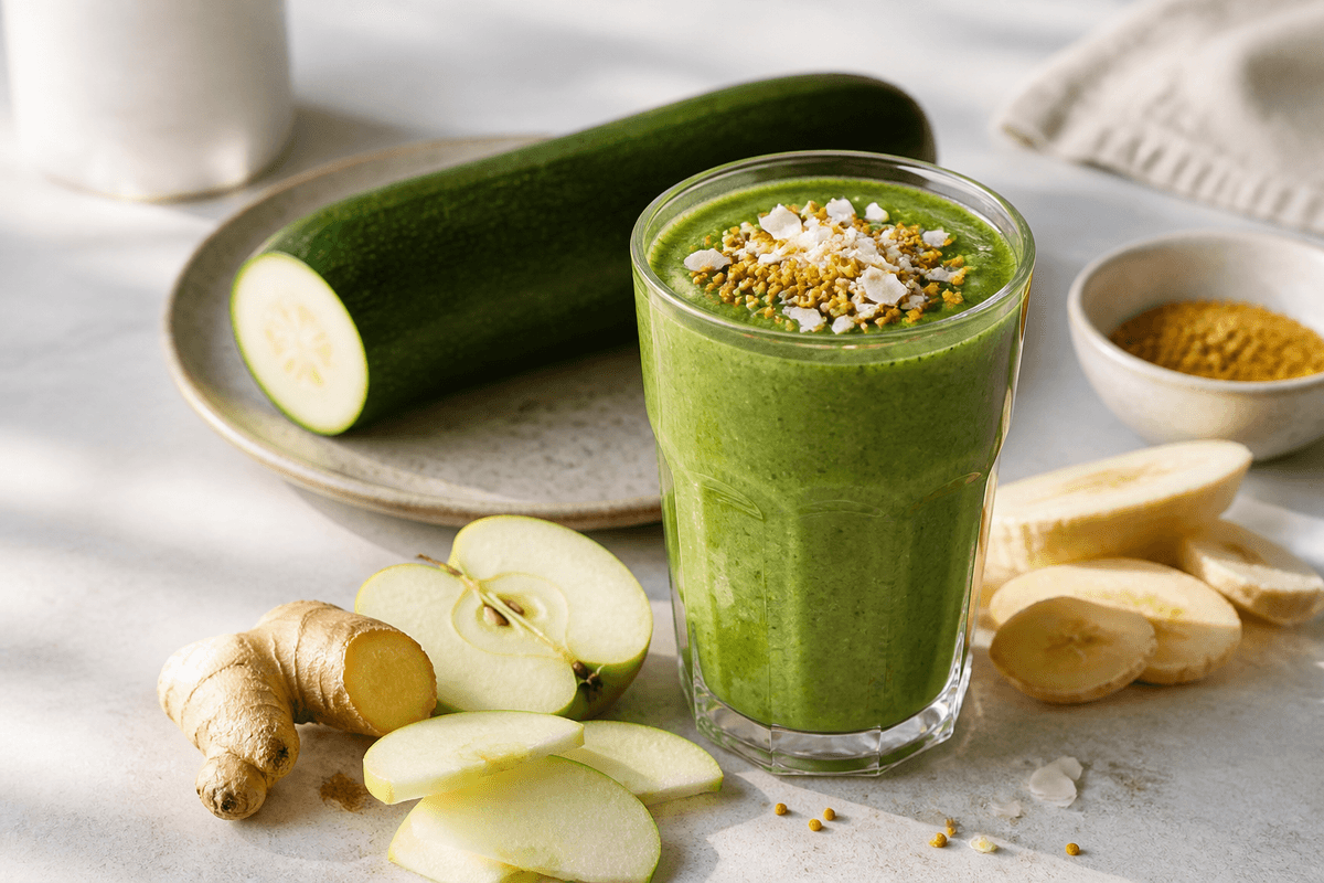 Smoothie med squash anrettet i Madblikkets lyse nordiske billedstil med rettens vigtigste råvarer tydeligt synlige