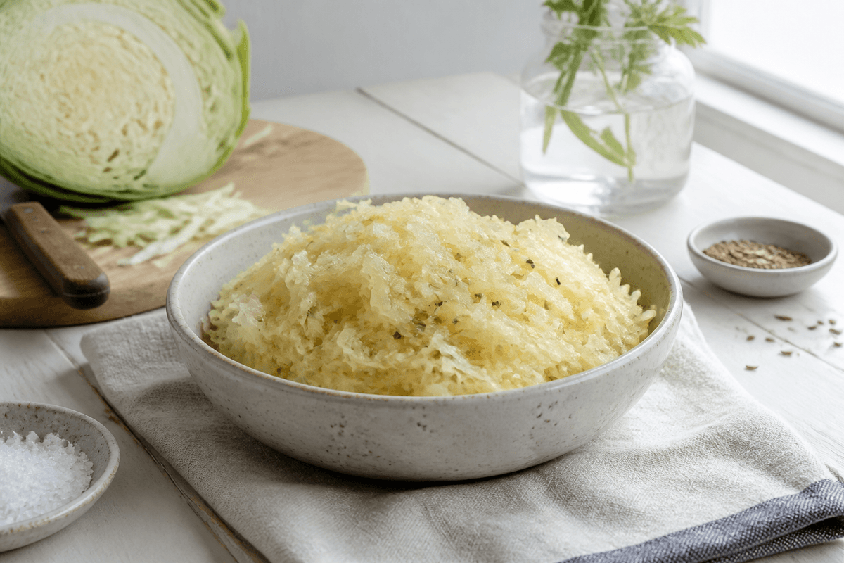 Sauerkraut – hjemmelavet surkål anrettet i Madblikkets lyse nordiske billedstil med rettens vigtigste råvarer tydeligt synlige