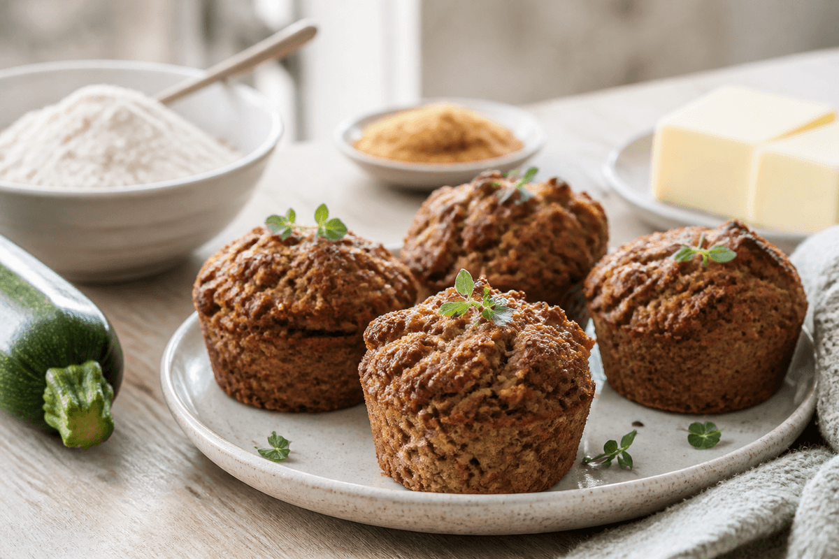 Sunde squashmuffins anrettet i Madblikkets lyse nordiske billedstil med rettens vigtigste råvarer tydeligt synlige
