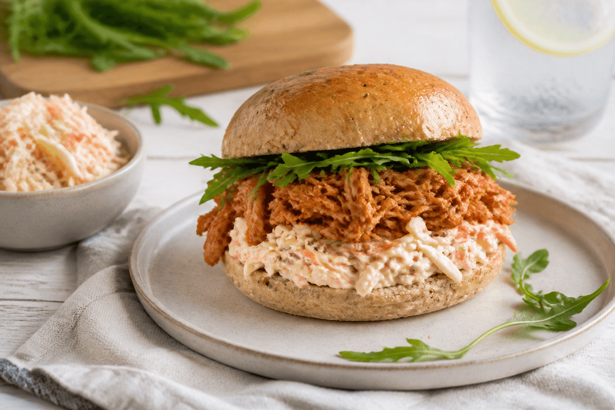 Pulled chicken burger med coleslaw anrettet i Madblikkets lyse nordiske billedstil med rettens vigtigste råvarer tydeligt synlige