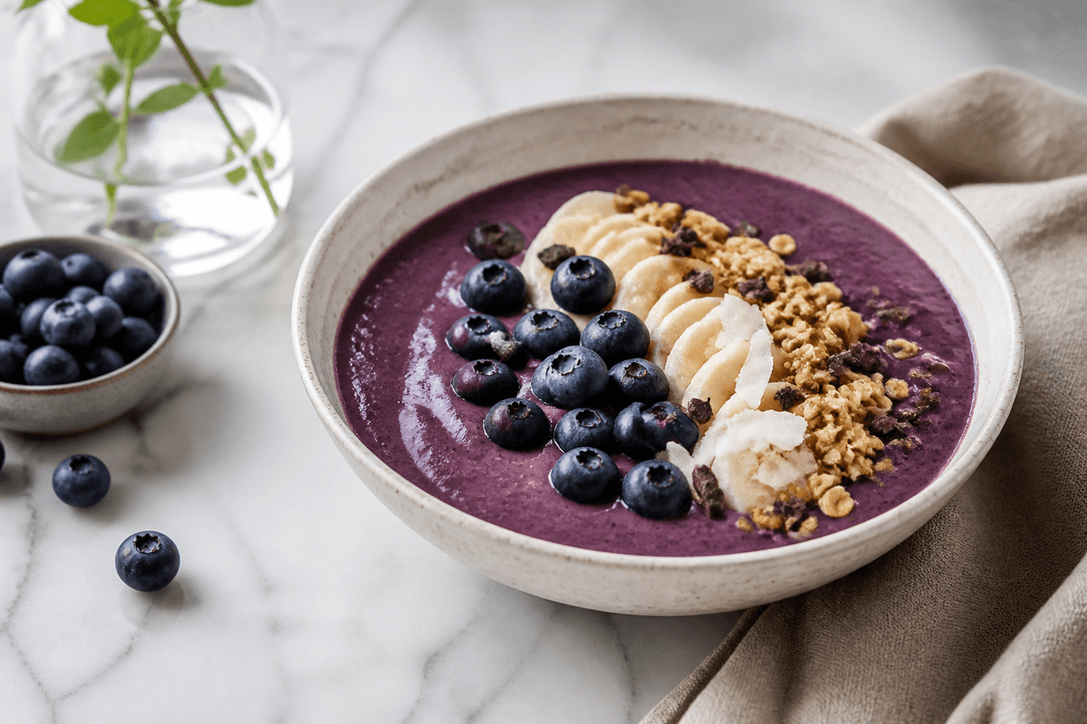 Acai bowl anrettet i Madblikkets lyse nordiske billedstil med rettens vigtigste råvarer tydeligt synlige