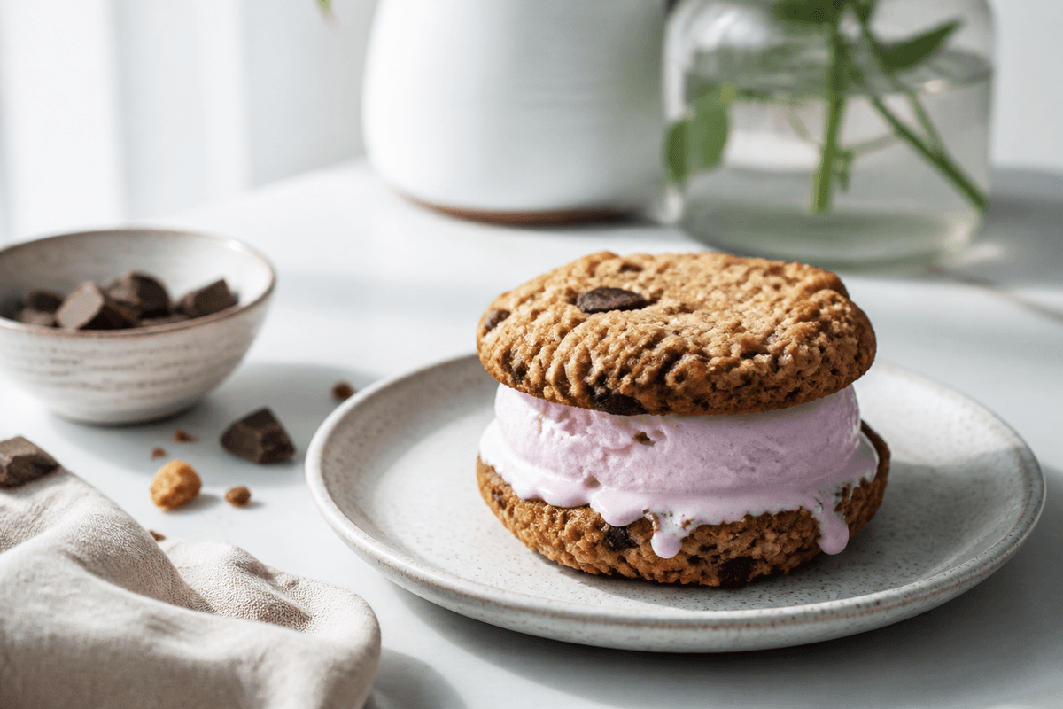 Is sandwich med cookies anrettet i Madblikkets lyse nordiske billedstil med rettens vigtigste råvarer tydeligt synlige
