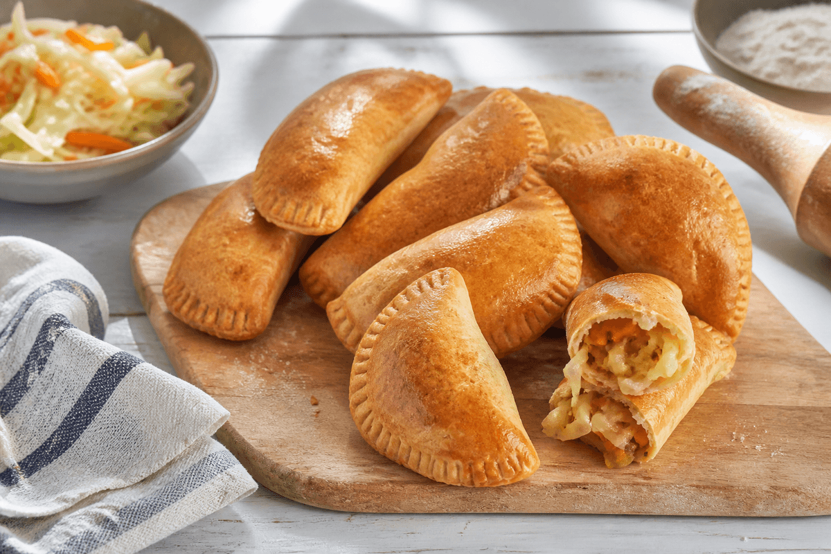 Vegetariske pirogger med kål anrettet i Madblikkets lyse nordiske billedstil med rettens vigtigste råvarer tydeligt synlige