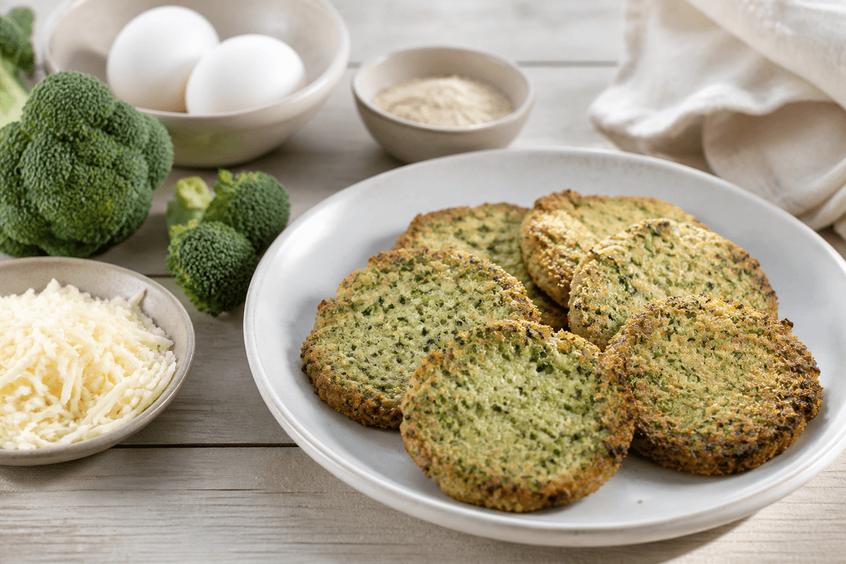 Broccoliboller uden mel anrettet i Madblikkets lyse nordiske billedstil med rettens vigtigste råvarer tydeligt synlige