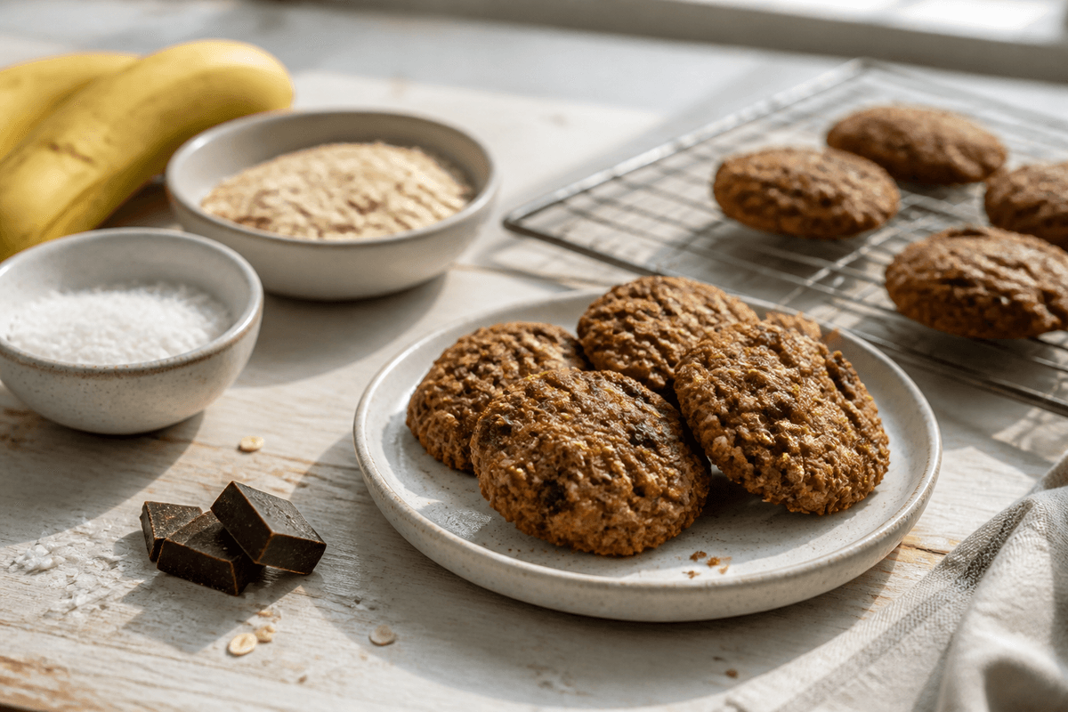Sunde cookies med kokos og chokolade anrettet i Madblikkets lyse nordiske billedstil med rettens vigtigste råvarer tydeligt synlige