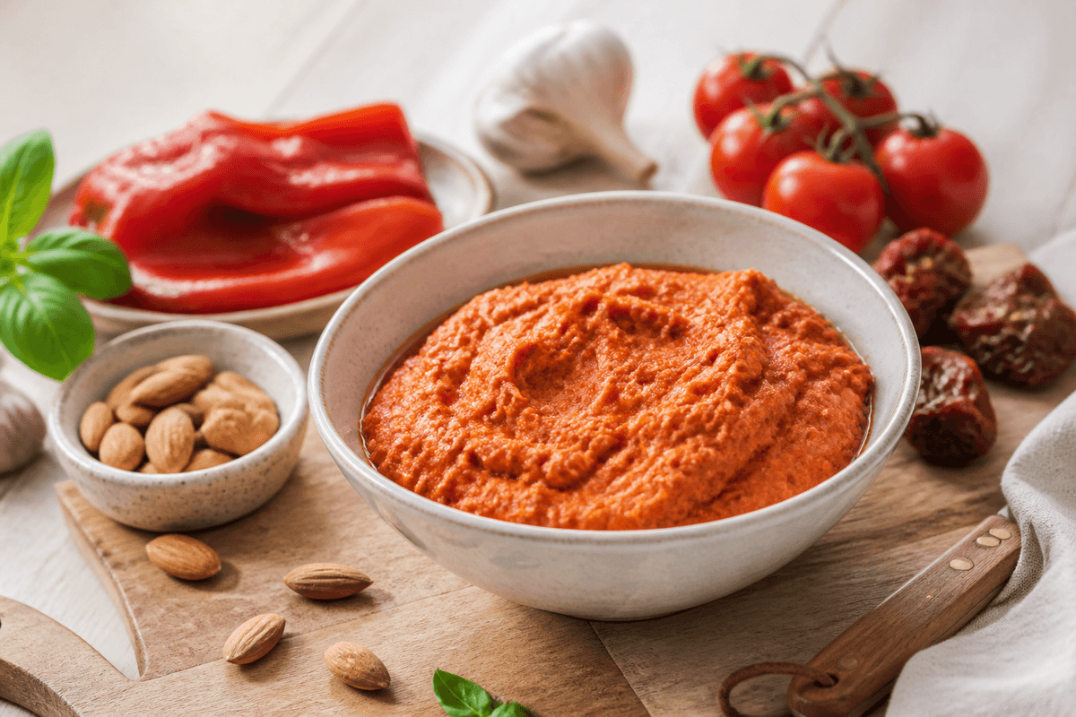 Hjemmelavet rød pesto med tomat og peberfrugt anrettet i Madblikkets lyse nordiske billedstil med rettens vigtigste råvarer tydeligt synlige