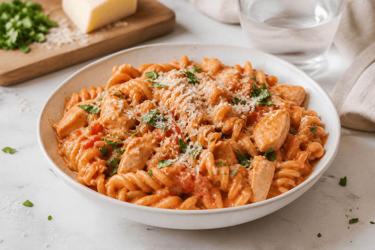 One pot pasta med kylling i cremet tomatsauce anrettet i Madblikkets lyse nordiske billedstil med rettens vigtigste råvarer tydeligt synlige