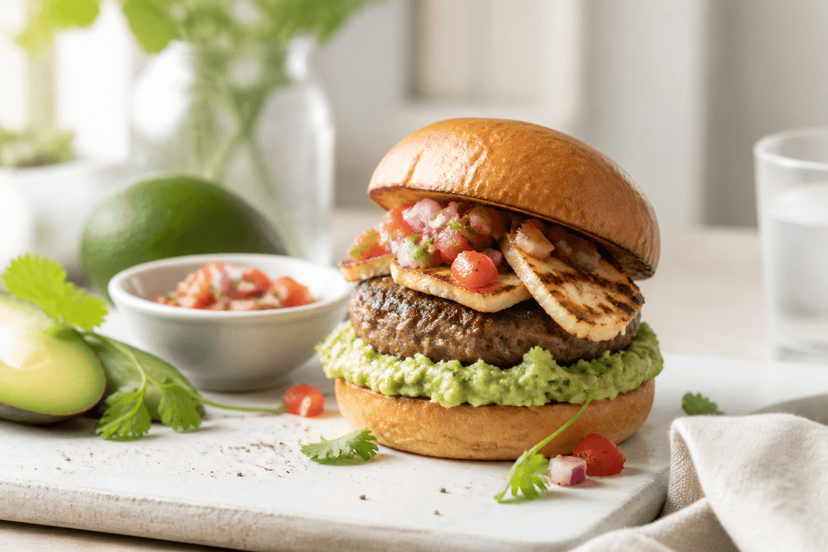 Mexicansk burger med guacamole og salsa anrettet i Madblikkets lyse nordiske billedstil med rettens vigtigste råvarer tydeligt synlige