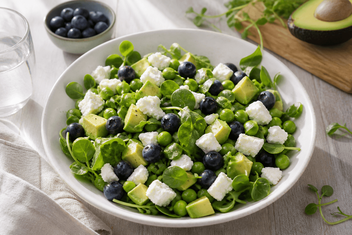 Salat med blåbær, feta, ærter og avocado anrettet i Madblikkets lyse nordiske billedstil med rettens vigtigste råvarer tydeligt synlige