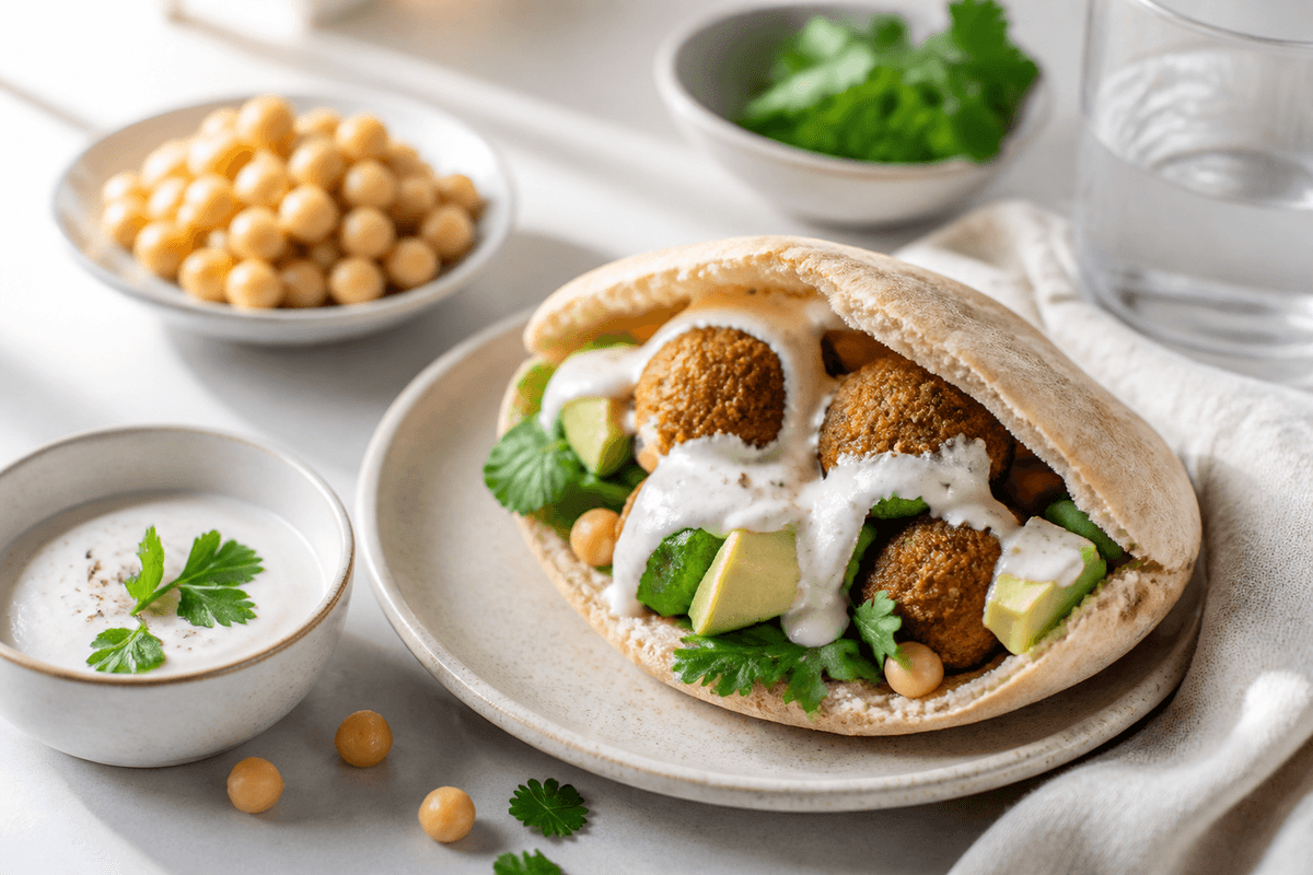 Pitabrød med falafel og hvidløgsdressing anrettet i Madblikkets lyse nordiske billedstil med rettens vigtigste råvarer tydeligt synlige