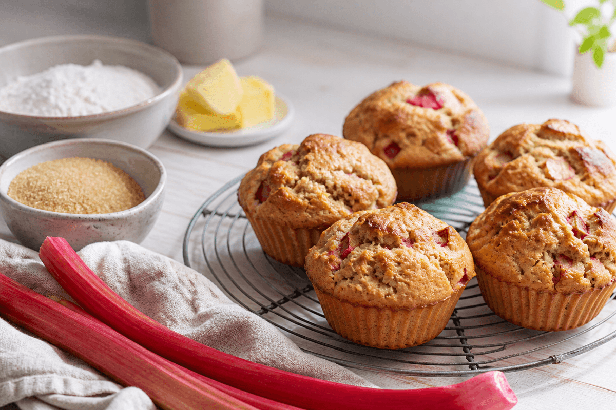 Sunde rabarbermuffins anrettet i Madblikkets lyse nordiske billedstil med rettens vigtigste råvarer tydeligt synlige