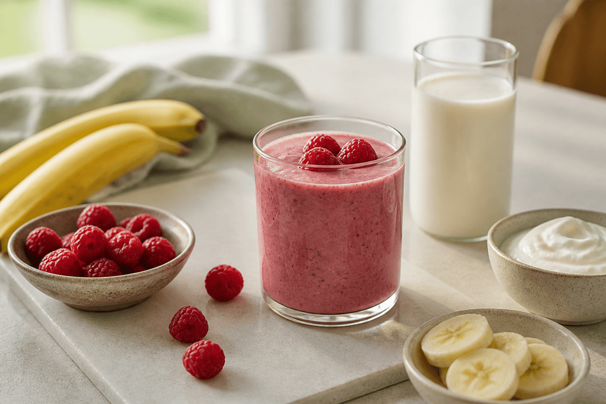 Hindbærsmoothie anrettet i Madblikkets lyse nordiske billedstil med rettens vigtigste råvarer tydeligt synlige