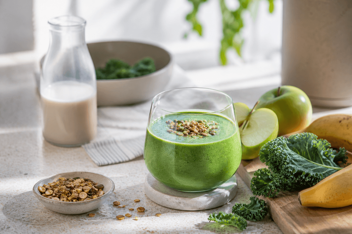 Smoothie med grønkål anrettet i Madblikkets lyse nordiske billedstil med rettens vigtigste råvarer tydeligt synlige
